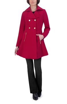 Polished hardware gleams from a double-breasted wool-blend coat cut in a charming fit-and-flare silhouette. Double-breasted button closure Notched collar Front zip pockets Lined 60% wool, 35% polyester, 5% other fibers Dry clean Imported Concert Looks, Red Fits, Preppy Look, Wool Blend Coat, Sweaters And Leggings, Notched Collar, Comfortable Dress, Dress Romper, Jeans Dress