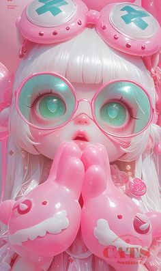 a close up of a doll with big pink glasses and bunny ears on her head