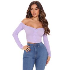 Lilac. Long Sleeve Crop Top Off Shoulder Button Up Detail Sweetheart Neckline Ribbed 96% Rayon 4% Spandex Imported Brand New Without Tags Crop Top Off Shoulder, Ibiza Outfits, Fashion Nova Tops, Off Shoulder Top, Curvy Girl Outfits, Off Shoulder Tops, Long Sleeve Crop Top, Sweetheart Neckline, Ibiza