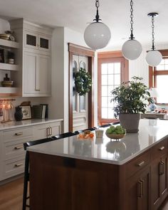 a large kitchen with an island in the middle and two potted plants on top