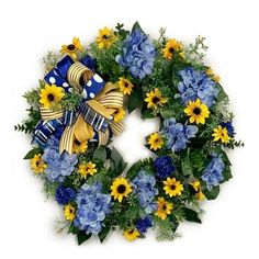 a blue and yellow wreath with sunflowers