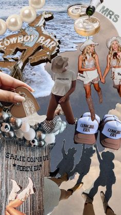 a collage of photos with women's shoes and hats