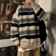 Sweaters, Casual striped sweater Granny Clothes, Rad Outfits, Softboy Outfits, Clothing Aesthetics, Outfit Aesthetics, Fashion Sweaters, Mens Outfit Inspiration, Vintage Hoodies, Streetwear Men Outfits