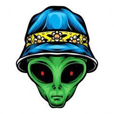 an alien wearing a blue hat with flowers on it's brim and red eyes