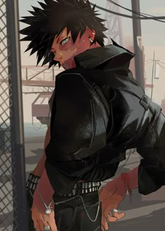 an anime character with black hair and piercings standing in front of a wire fence