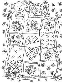 a coloring page with hearts, flowers and a teddy bear on the top of it