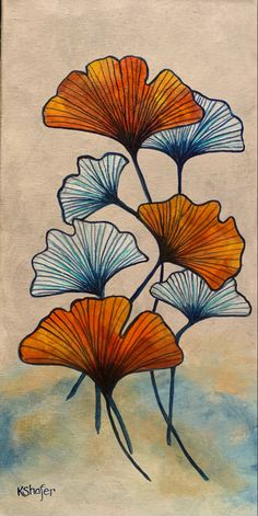 a painting of three orange and blue flowers