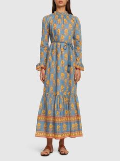 Junie ruffled cotton midi dress - Zimmermann - Women | Luisaviaroma Tiered Midi Skirt, All Over Pattern, Zimmermann Dress, Cotton Midi Dress, Blue Midi Dress, Cotton Voile, Shearling Jacket, Dress Clothes For Women, Blue Yellow