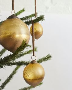 three gold ornaments hanging from a christmas tree