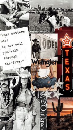 black and white collage with images of people, horses, cowboy hats, and other things