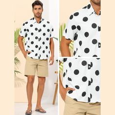 This lightweight fabric, Regular fit, Polka dots printed, Short Sleeves, and Casual style shirt exudes a cheerful and tropical vibe with its vibrant colors and retro design. The summer polka dot shirt features unique patterns in a color block design, making it a stylish choice for any occasion. The casual polka-printed slim-fit button-down shirts for men pair effortlessly with solid t-shirts, chino pants, jeans, and shorts, offering versatile and chic options to complete your look. Vertical Striped Shirt, Shirt Casual Style, Color Block Design, Polka Dot Shirt, Sleeve Packaging, Men Beach, Chino Pants, Block Design, Pants Jeans