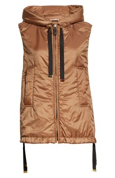 This glossy puffer vest is insulated with a wool-kissed blend that's sure to keep your core warm. 25 1/2" length (size 0) Front zip closure Drawstring hood Front welt pockets Lined 100% polyester Dry clean Imported Women's Designer Clothing Coat Women Fashion, Hooded Vest, Fabric Gift Bags, Puffer Vest, Coat Fashion, Max Mara, Designer Outfits Woman, Welt Pockets, Welt Pocket