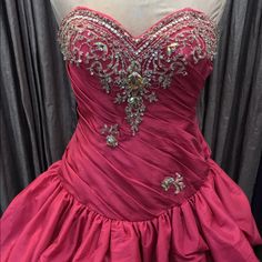 Hot Pink Ballgown With Silver Beading Glamorous Rhinestone Evening Dress For Debutante Ball, Embellished Quinceanera Dress With Fitted Bodice For Evening, Glamorous Gown With Rhinestones For Debutante Ball, Glamorous Rhinestone Gown For Debutante Ball, Taffeta Evening Dress With Sweetheart Neckline For Wedding, Glamorous Satin Evening Dress For Debutante Ball, Taffeta Ball Gown For Debutante Ball During Prom Season, Embellished Quinceanera Dress For Evening Prom, Crystal Embellished Ball Gown For Debutante Ball