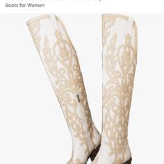 Ordered From Amazon White Snip Toe Knee-high Boots For Spring, Western White Snip Toe Knee-high Boots, White Leather Knee-high Boots With Snip Toe, Frye Leather Boots, Knee High Heels, Cowgirl Boot, Boot Shoes, Tan Woman, Snakeskin Heels