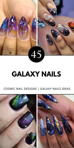 Create stunning galaxy nails with black and blue tones. Perfect for short nails that still make a statement! Pin this for cosmic inspiration. Cosmic Nails, Nails With Black, Galaxy Nail, Trendy Manicure, Galaxy Nail Art, Black Designs, Galaxy Nails