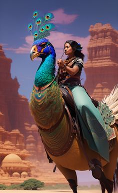 Brown-skinned woman riding a giant peacock with desert Indian temples in the background Desert Animals Fantasy Art, Desert Fantasy Animals, Desert Creatures Fantasy Concept Art, Desert Fantasy Aesthetic, Fantasy Desert Creatures, Desert City Fantasy Art, Fantasy Nomad