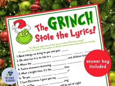 the grinch stole the lyrics printable christmas game