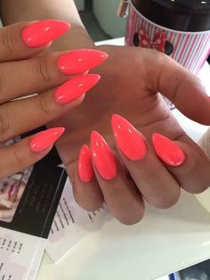 The Ultimate Guide to Neon Coral Nails 27 Ideas: Trendy, Bold, and Beautiful Bright Coral Red Nails, Pink Orange Almond Nails, Bright Pink Orange Nails, Almond Coral Nails, Red Nails Summer 2023, Best Summer Nail Colors 2024, Orange Summer Nails Almond, Bright Pink Vacation Nails, Watermelon Almond Nails