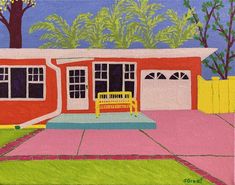 a painting of a red house with a yellow bench in the front yard and trees