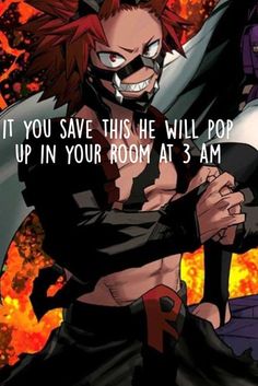 an anime character with red hair and demon makeup, holding his arms out in front of fire