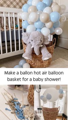 a baby shower with blue and white balloons in the shape of an elephant sitting on top of a basket