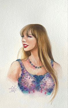 a watercolor painting of a woman with long blonde hair wearing a purple top and necklace