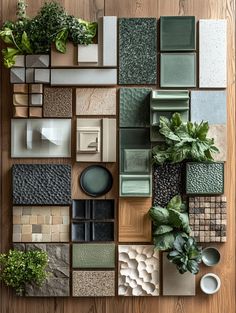 an array of different types of tiles and plants