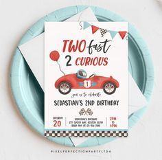 a birthday card with a racing car on the front and two balloons in the back