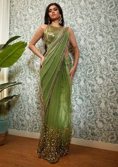 Papa Don'T Preach By Shubhika-Olive Green Embellished Stitched Sari With Blouse-INDIASPOPUP.COM Papa Don't Preach, Embellished Saree, Blouse Yoke, Halter Blouse, Tulle Sleeves, Drape Saree, Embroidery Work, Dress Suits, Fesyen Wanita