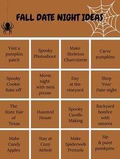 the halloween date night ideas list is shown in this printable version, which includes pumpkins, spider web and spooky