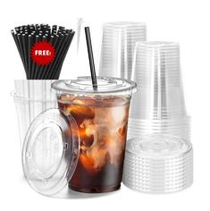 plastic cups with straws and drinks in them