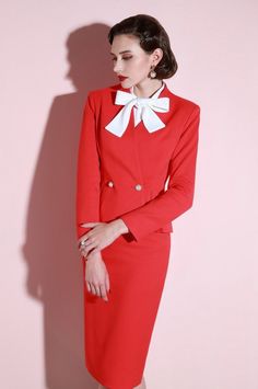 The Ensemble Marielle is a stylish and chic two-piece suit for the intellectual woman. Featuring a pinch fold at the waist and two large pearl buttons, this suit highlights your waist line with finesse. The flower bud type silhouette gives off a feminine air while the knee-length cut gives a classic, elegant appeal. Experience fashion and sophistication with the Ensemble Marielle. Intellectual Woman, Classic Elegant, Flower Bud, Pearl Buttons, Knee Length, Highlights, Two Piece, Red