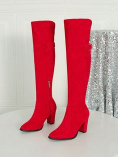 Red  Collar     Embellished  Spring/Fall,Winter Women Shoes Red High Ankle Mid-calf Boots For Winter, Red Mid-calf Boots With Round Toe For Winter, Red Knee-high Boots With Round Toe For Fall, Red Wide Calf Round Toe Heeled Boots, Trendy Red Knee-high Boots With Round Toe, Red Wide Calf Knee-high Boots With Round Toe, Red Knee-high Boots Medium Width, Boots Wide, Red High Heels