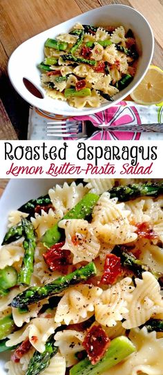 pasta with asparagus and lemon butter parfait salad in a white bowl