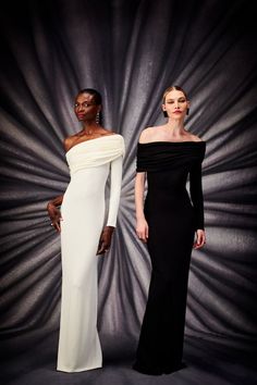 Ivory Draped Off the Shoulder One Sleeve Gown (Left) Pre-Order 4-6 Weeks Final Sale Made in NYC For inquiries email info@christiansiriano.com White Pre-draped Gala Gown, Classic White Evening Gown, One Sleeve Gown, Resort 2023 Fashion, Runway Gowns, Knit Gown, Fashion Trend Forecast, Resort 2023, Sleeve Gown