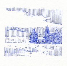 a pen drawing of a farm house in the distance with trees and hills behind it