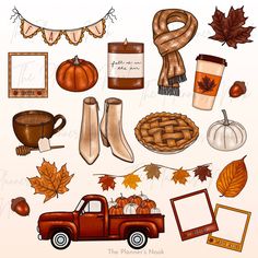 an image of fall clipart set with pumpkins, leaves and other autumn items