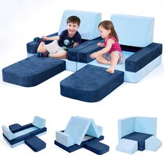 two children sitting on couches made out of blue foams and cushions, one child is smiling at the camera