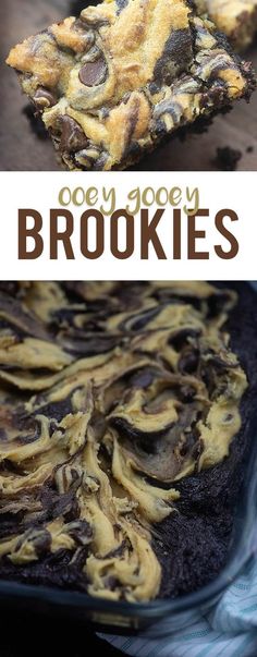 two different pictures of cookies and brownies with the words, ooey gooey brookes