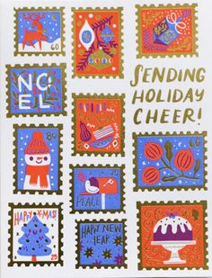 a card with stamps on it that says sending holiday cheer