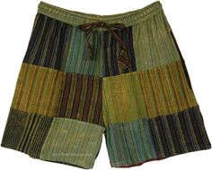 These bohemian striped patchwork shorts are the perfect way to add a touch of flair to your summer wardrobe. Made from 100% cotton, they are soft, comfortable, and breathable. #tlb #Patchwork #vacationclothing #bohemianfashion #Handmade #BohoShorts #HippieShorts Bohemian Green Shorts For Vacation, Hippie Green Festival Shorts, Green Hippie Festival Shorts, Bohemian Green Short Bottoms, Summer Green Shorts With Patchwork, Bohemian Cotton Shorts, Green Bohemian Cotton Shorts, Green Cotton Festival Shorts, Bohemian Patchwork Shorts