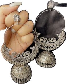 Round Jhumkas For Puja, Oxidized Finish Chandbali Hoop Earrings, Traditional Festive Metal Hoop Earrings, Bohemian Round Jhumkas For Celebrations, Chandbali Earrings With Latkans, Bohemian Round Chandbalis, Chandbali Hoop Earrings With Latkans, Silver Hoop Earrings With Latkans For Diwali, Round Tilla Earrings For Puja