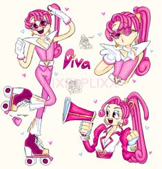 some pink cartoon characters with different poses and hair styles, one is holding a megaphone