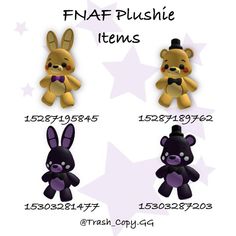 four different stuffed animals are shown in this graphic style, with the names and numbers below them