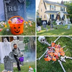 halloween decorations in front of a house and on the lawn with pumpkins, jack - o'- lanterns, tombstones