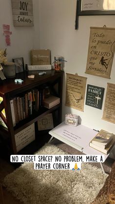 there is a room with many signs on the wall and a book shelf in front of it