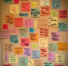 a bulletin board with many different types of notes attached to it and words written on them