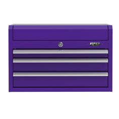 a purple tool box with two drawers on the front and one drawer open to show it's contents