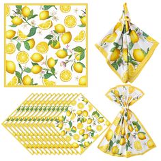 three napkins with lemons and leaves on them, one is folded up to show the