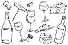 a set of wine related items such as bottles, glasses and corks